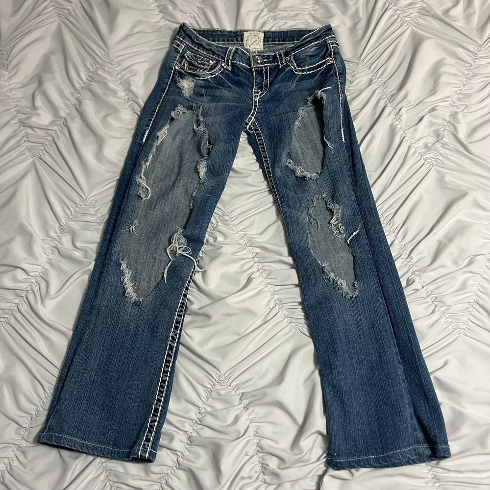 L.A. Idol USA Size 7 Distressed Bootcut Jeans Bling Pockets Thick‎ Stitch Denim